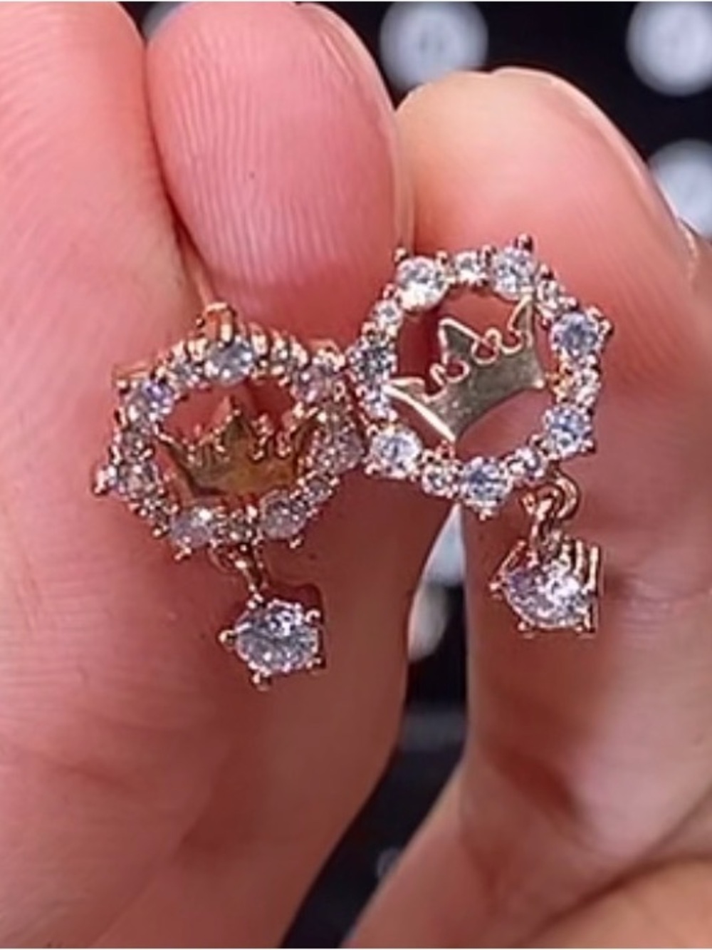 Rose Gold Crown Halo Drop Earrings - Pink Crystal Accents